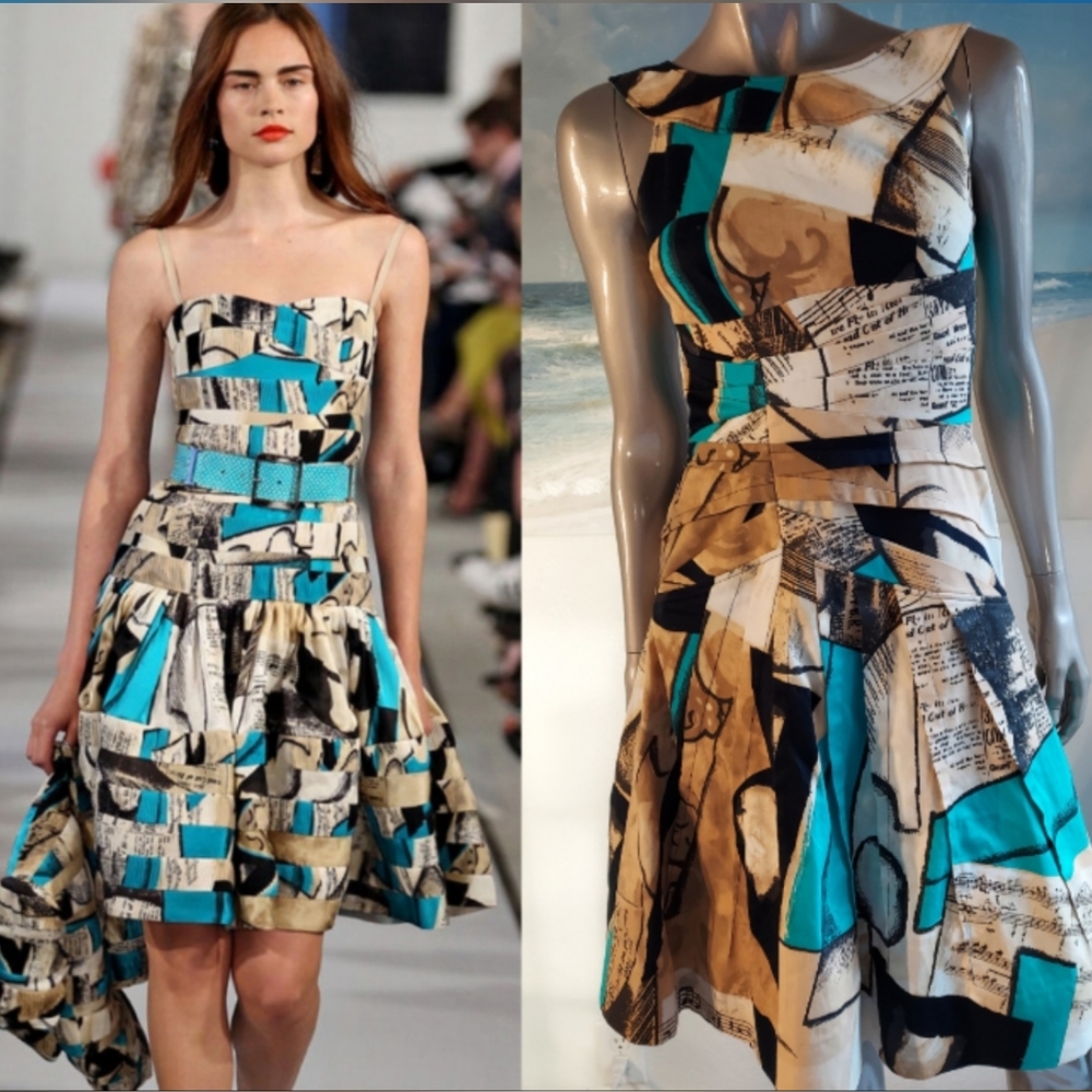 ○$3,900 OSCAR DE LA RENTA PICASSO ART EXCL SILK LINED RUNWAY DRESS US 0